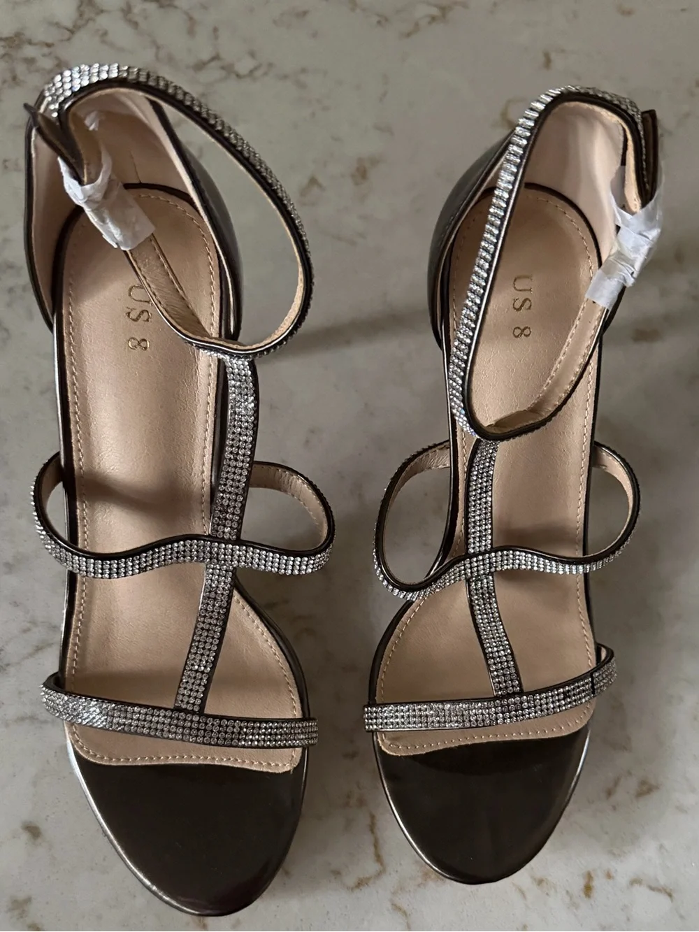 Women's Metallic Strappy Rhinestone Heeled Sandals - Silver